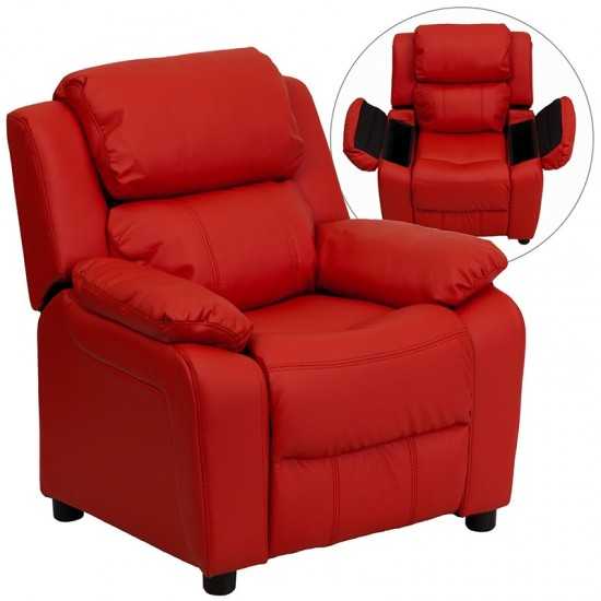 Deluxe Padded Contemporary Red Vinyl Kids Recliner with Storage Arms