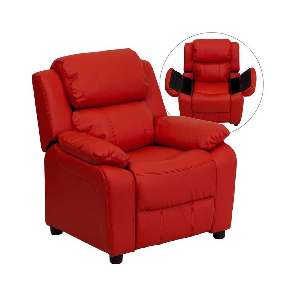 Deluxe Padded Contemporary Red Vinyl Kids Recliner with Storage Arms