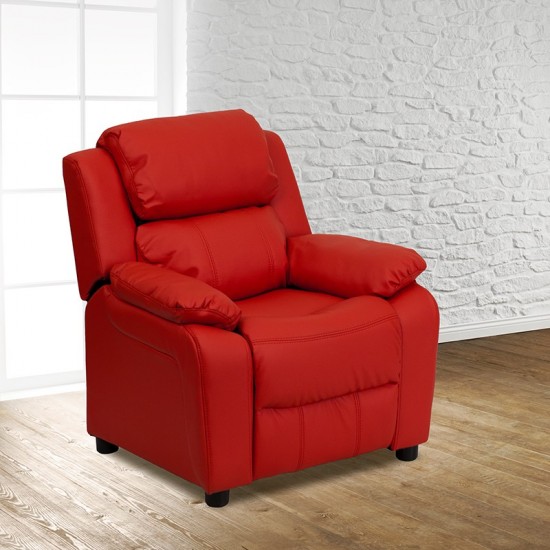 Deluxe Padded Contemporary Red Vinyl Kids Recliner with Storage Arms