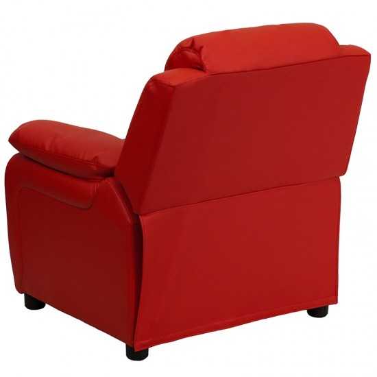 Deluxe Padded Contemporary Red Vinyl Kids Recliner with Storage Arms