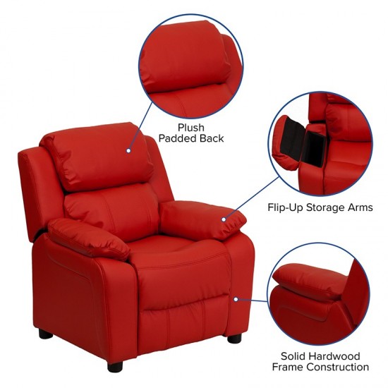 Deluxe Padded Contemporary Red Vinyl Kids Recliner with Storage Arms