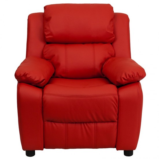 Deluxe Padded Contemporary Red Vinyl Kids Recliner with Storage Arms