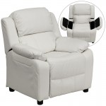 Deluxe Padded Contemporary White Vinyl Kids Recliner with Storage Arms