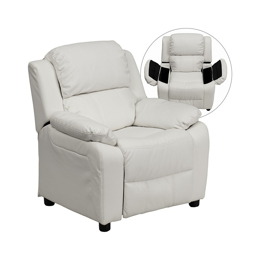 Deluxe Padded Contemporary White Vinyl Kids Recliner with Storage Arms