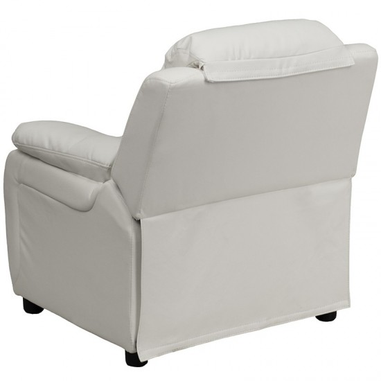 Deluxe Padded Contemporary White Vinyl Kids Recliner with Storage Arms