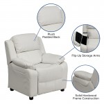 Deluxe Padded Contemporary White Vinyl Kids Recliner with Storage Arms