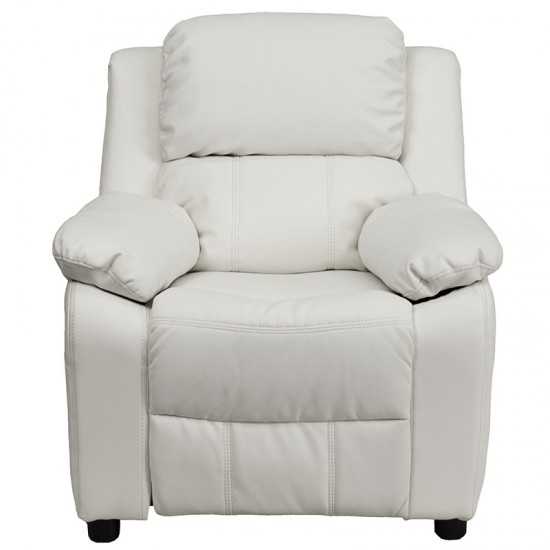 Deluxe Padded Contemporary White Vinyl Kids Recliner with Storage Arms