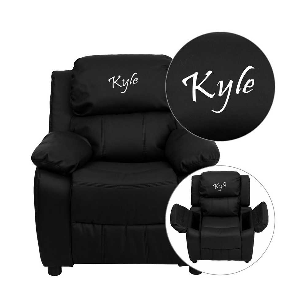 Personalized Deluxe Padded Black LeatherSoft Kids Recliner with Storage Arms