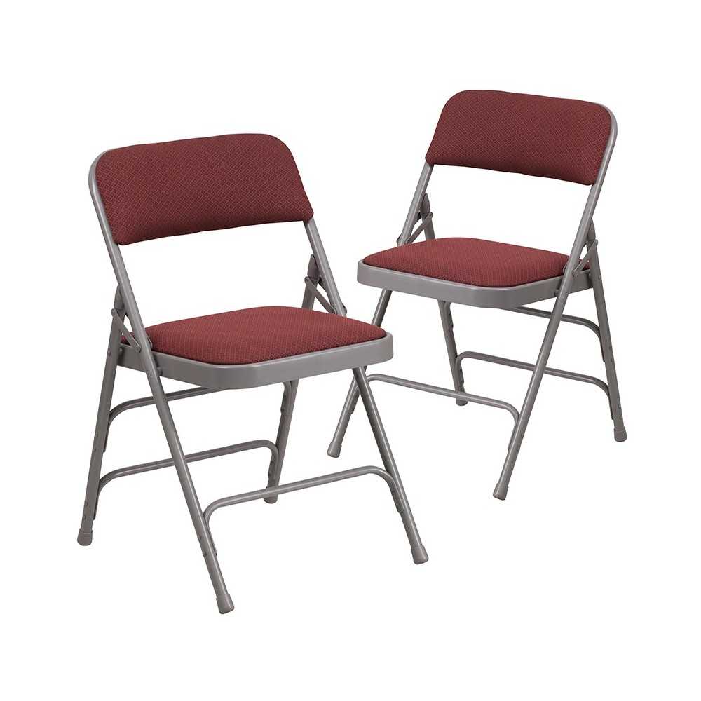 2 Pack Curved Triple Braced & Double Hinged Burgundy Patterned Fabric Metal Folding Chair