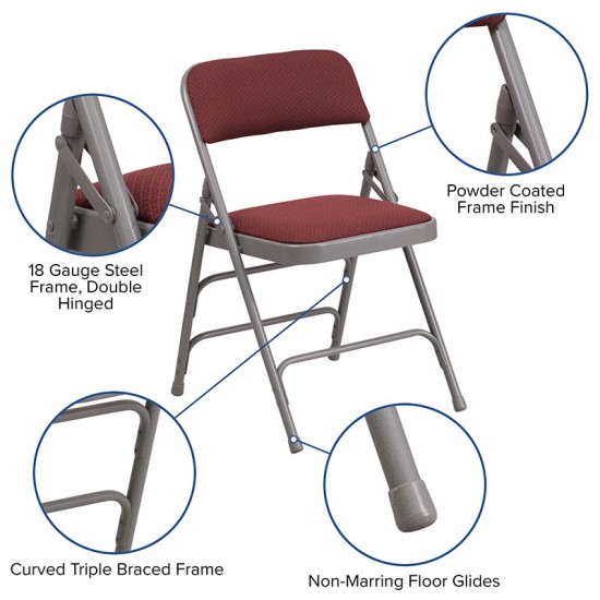 2 Pack Curved Triple Braced & Double Hinged Burgundy Patterned Fabric Metal Folding Chair