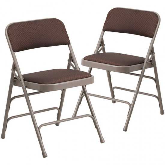 2 Pack Curved Triple Braced & Double Hinged Brown Patterned Fabric Metal Folding Chair