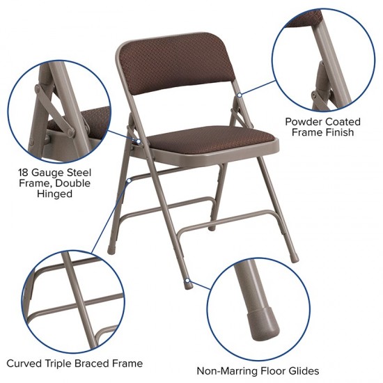 2 Pack Curved Triple Braced & Double Hinged Brown Patterned Fabric Metal Folding Chair