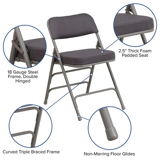 2 Pack Premium Curved Triple Braced & Double Hinged Gray Fabric Metal Folding Chair