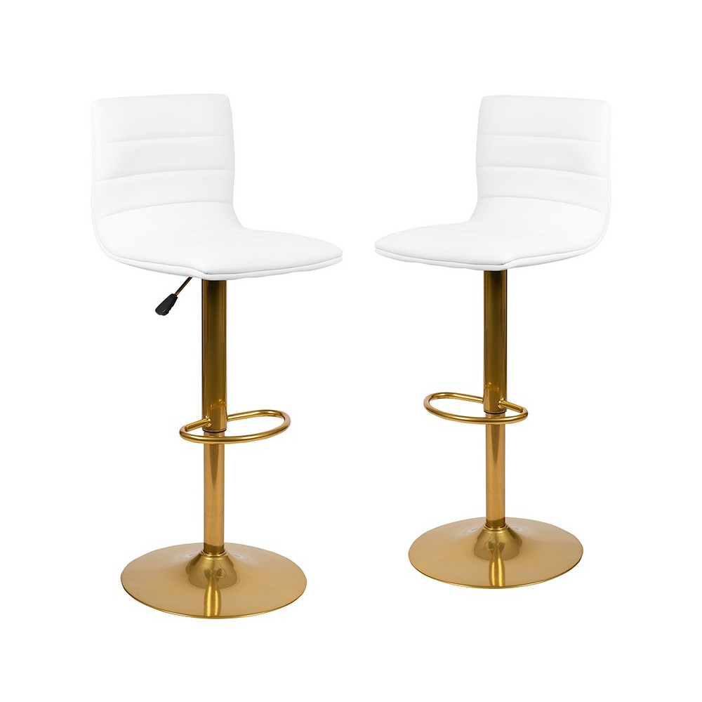 Modern White Vinyl Adjustable Bar Stool with Back, Counter Height Swivel Stool with Gold Pedestal Base, Set of 2