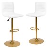 Modern White Vinyl Adjustable Bar Stool with Back, Counter Height Swivel Stool with Gold Pedestal Base, Set of 2