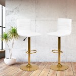 Modern White Vinyl Adjustable Bar Stool with Back, Counter Height Swivel Stool with Gold Pedestal Base, Set of 2