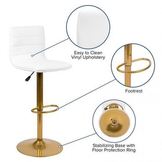 Modern White Vinyl Adjustable Bar Stool with Back, Counter Height Swivel Stool with Gold Pedestal Base, Set of 2