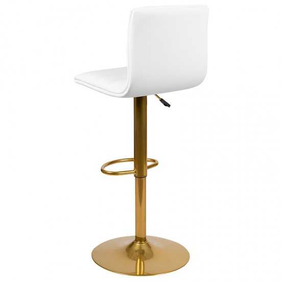 Modern White Vinyl Adjustable Bar Stool with Back, Counter Height Swivel Stool with Gold Pedestal Base, Set of 2