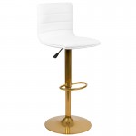 Modern White Vinyl Adjustable Bar Stool with Back, Counter Height Swivel Stool with Gold Pedestal Base, Set of 2