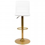 Modern White Vinyl Adjustable Bar Stool with Back, Counter Height Swivel Stool with Gold Pedestal Base, Set of 2