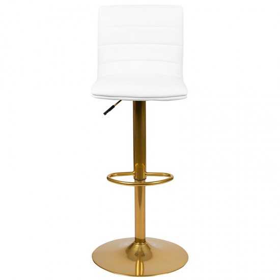 Modern White Vinyl Adjustable Bar Stool with Back, Counter Height Swivel Stool with Gold Pedestal Base, Set of 2