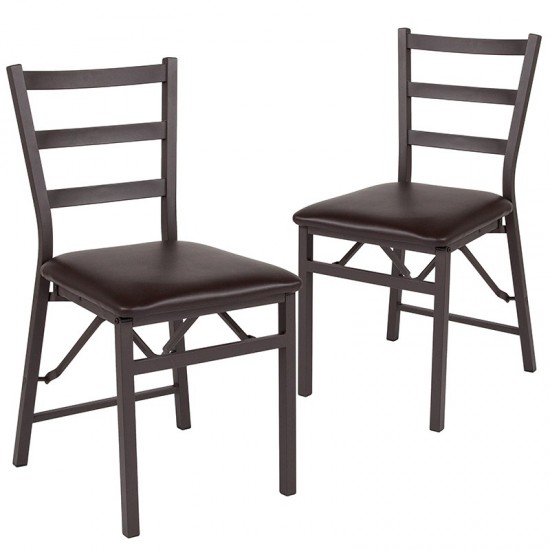 2 Pack Brown Folding Ladder Back Metal Chair with Brown Vinyl Seat