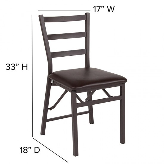 2 Pack Brown Folding Ladder Back Metal Chair with Brown Vinyl Seat