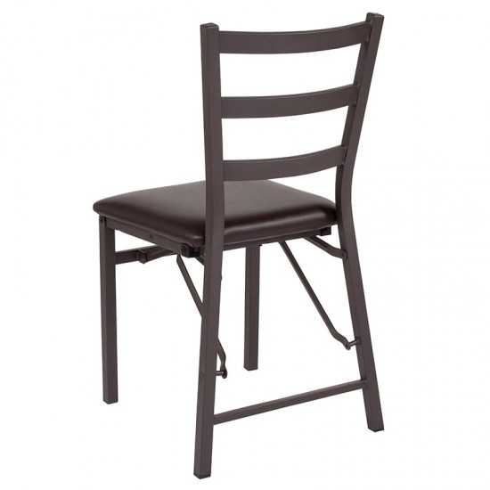 2 Pack Brown Folding Ladder Back Metal Chair with Brown Vinyl Seat
