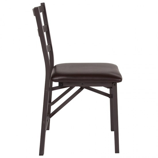 2 Pack Brown Folding Ladder Back Metal Chair with Brown Vinyl Seat