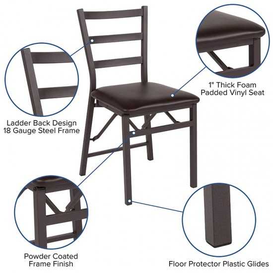 2 Pack Brown Folding Ladder Back Metal Chair with Brown Vinyl Seat