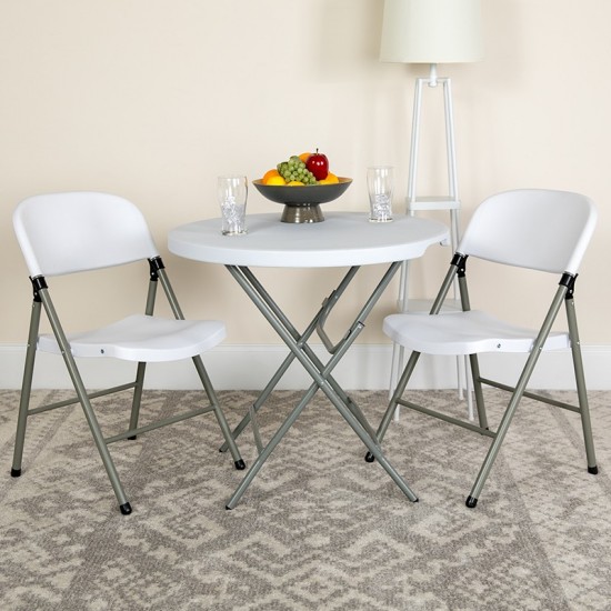 White Plastic Folding Chairs | Set of 2 Lightweight Folding Chairs with Gray Frame