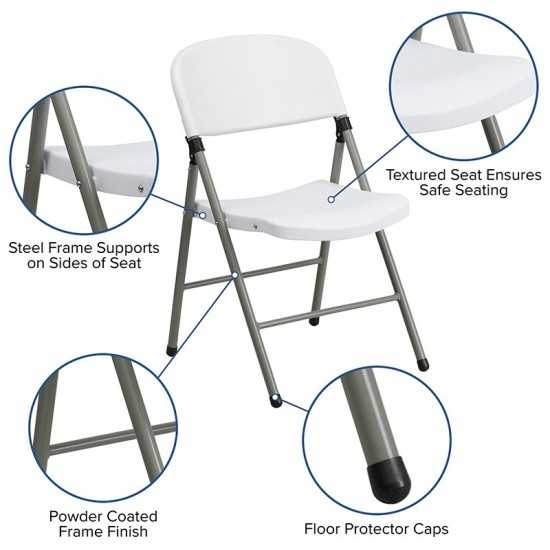 White Plastic Folding Chairs | Set of 2 Lightweight Folding Chairs with Gray Frame