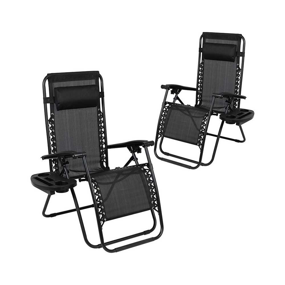 Adjustable Folding Mesh Zero Gravity Reclining Lounge Chair with Pillow and Cup Holder Tray in Black, Set of 2