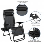 Adjustable Folding Mesh Zero Gravity Reclining Lounge Chair with Pillow and Cup Holder Tray in Black, Set of 2