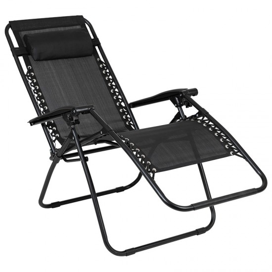 Adjustable Folding Mesh Zero Gravity Reclining Lounge Chair with Pillow and Cup Holder Tray in Black, Set of 2