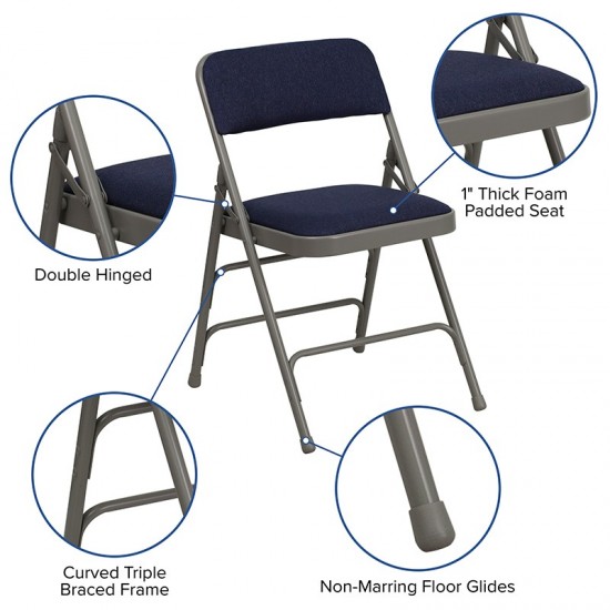 2 Pack Curved Triple Braced & Double Hinged Navy Fabric Metal Folding Chair