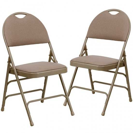 2 Pack Ultra-Premium Triple Braced Beige Fabric Metal Folding Chair with Easy-Carry Handle