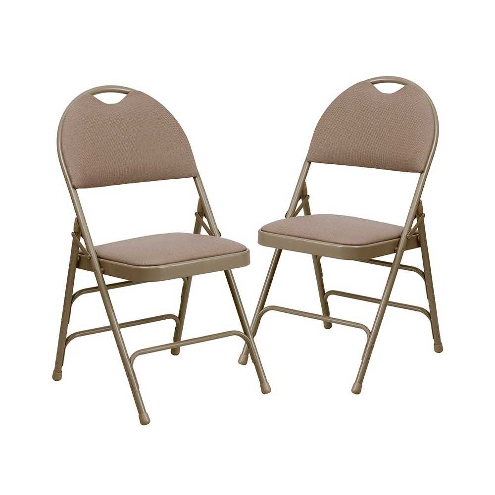 2 Pack Ultra-Premium Triple Braced Beige Fabric Metal Folding Chair with Easy-Carry Handle