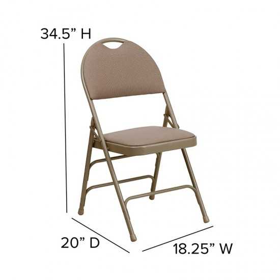 2 Pack Ultra-Premium Triple Braced Beige Fabric Metal Folding Chair with Easy-Carry Handle