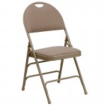 2 Pack Ultra-Premium Triple Braced Beige Fabric Metal Folding Chair with Easy-Carry Handle