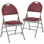 2 Pack Ultra-Premium Triple Braced Burgundy Fabric Metal Folding Chair with Easy-Carry Handle