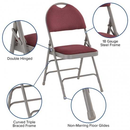 2 Pack Ultra-Premium Triple Braced Burgundy Fabric Metal Folding Chair with Easy-Carry Handle