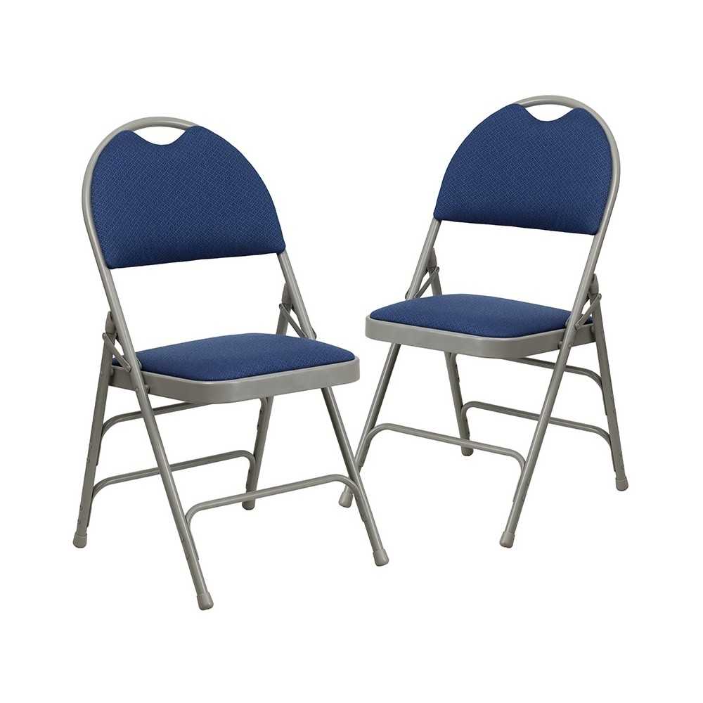 2 Pack Ultra-Premium Triple Braced Navy Fabric Metal Folding Chair with Easy-Carry Handle