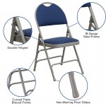 2 Pack Ultra-Premium Triple Braced Navy Fabric Metal Folding Chair with Easy-Carry Handle