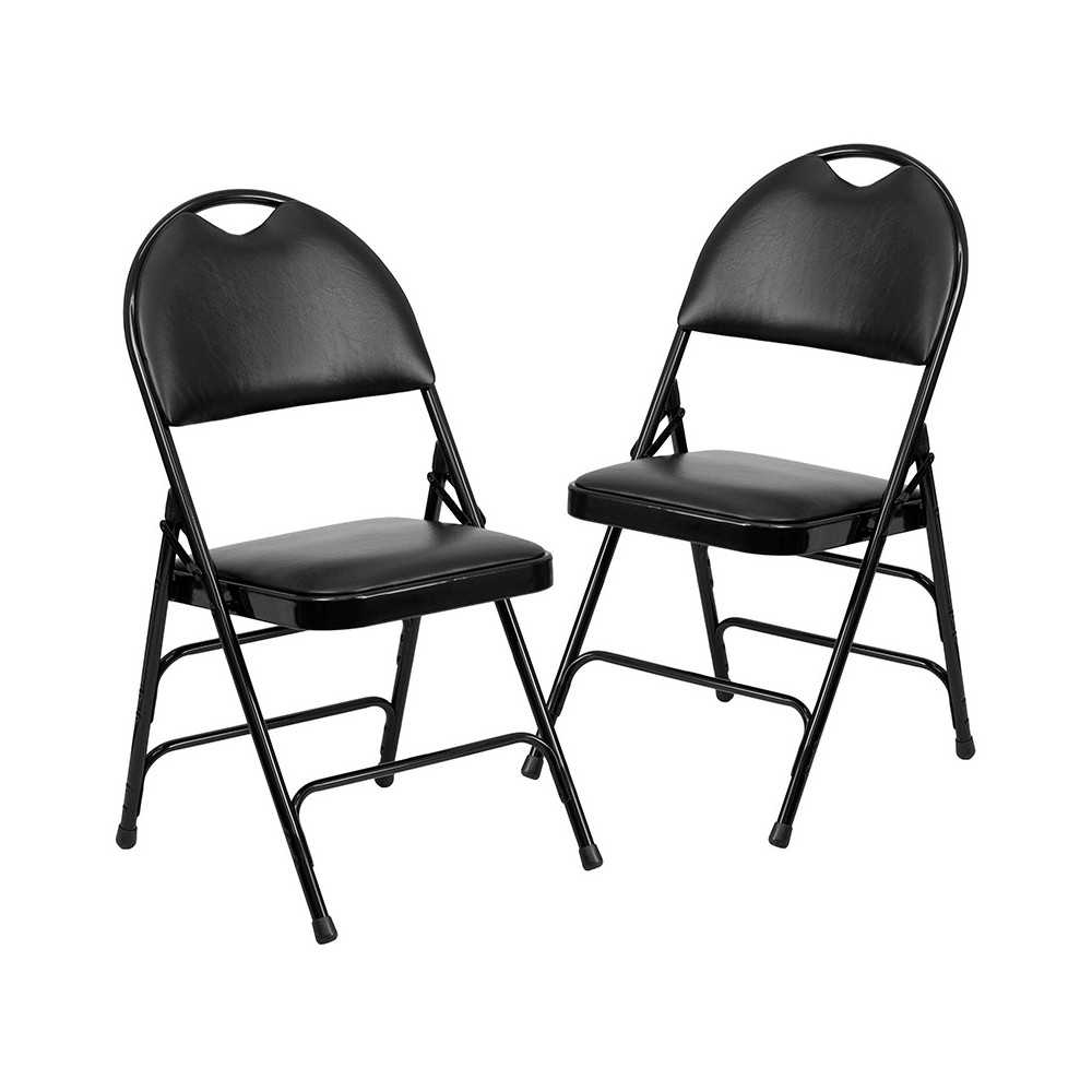 2 Pack Ultra-Premium Triple Braced Black Vinyl Metal Folding Chair with Easy-Carry Handle