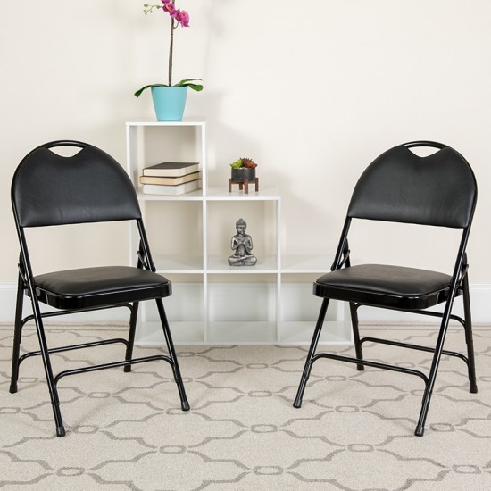 2 Pack Ultra-Premium Triple Braced Black Vinyl Metal Folding Chair with Easy-Carry Handle