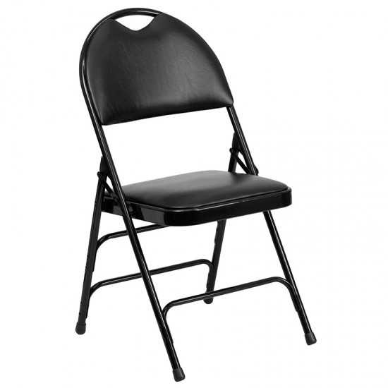 2 Pack Ultra-Premium Triple Braced Black Vinyl Metal Folding Chair with Easy-Carry Handle