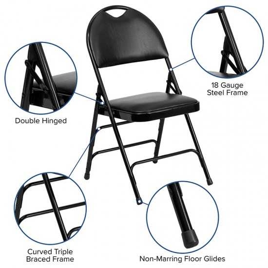 2 Pack Ultra-Premium Triple Braced Black Vinyl Metal Folding Chair with Easy-Carry Handle