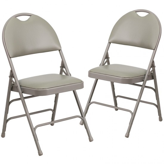 2 Pack Ultra-Premium Triple Braced Gray Vinyl Metal Folding Chair with Easy-Carry Handle