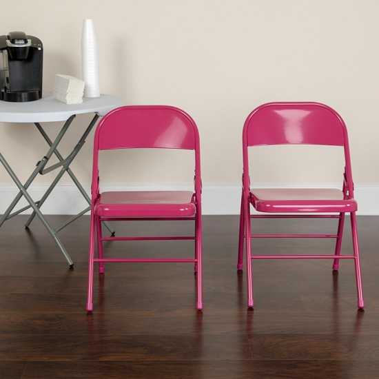 2 Pack Series Shockingly Fuchsia Triple Braced & Double Hinged Metal Folding Chair